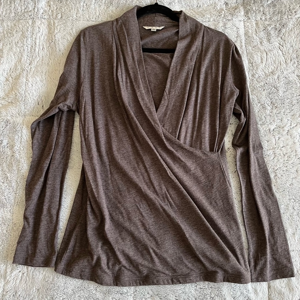 CAbi Brown Wrap front top. Size Large. Style 106.